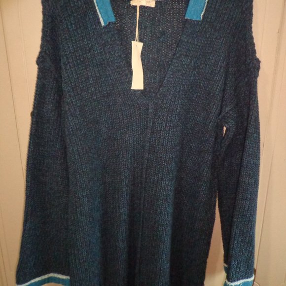 NWT Mystree Knit Tunic L V-Neck Faux Collar Long Sleeves Blue Side Slits - Picture 11 of 15